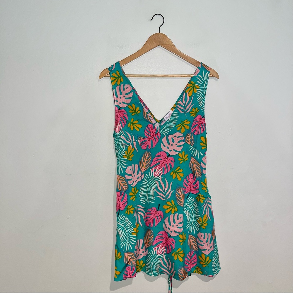 Pink Lily Meet Me On The Course Green Tropical Print V-Neck Dress Sz S